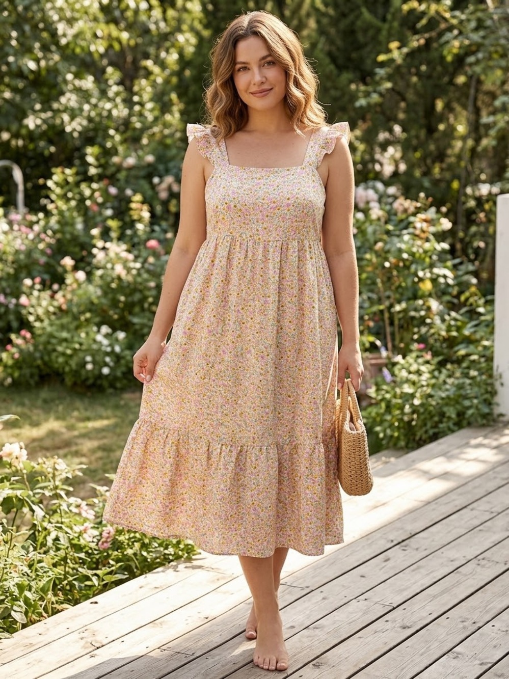 Universal Thread Floral Midi Dress Cotton Ruffle SIZE Small